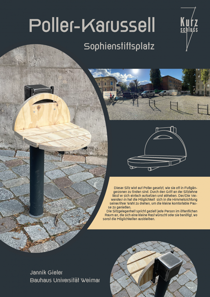 Plakat mit Grafiken/Illustrationen und Beschreibungstext für eine Sitzgelegenheit an einem spezifischen Ort in Weimar