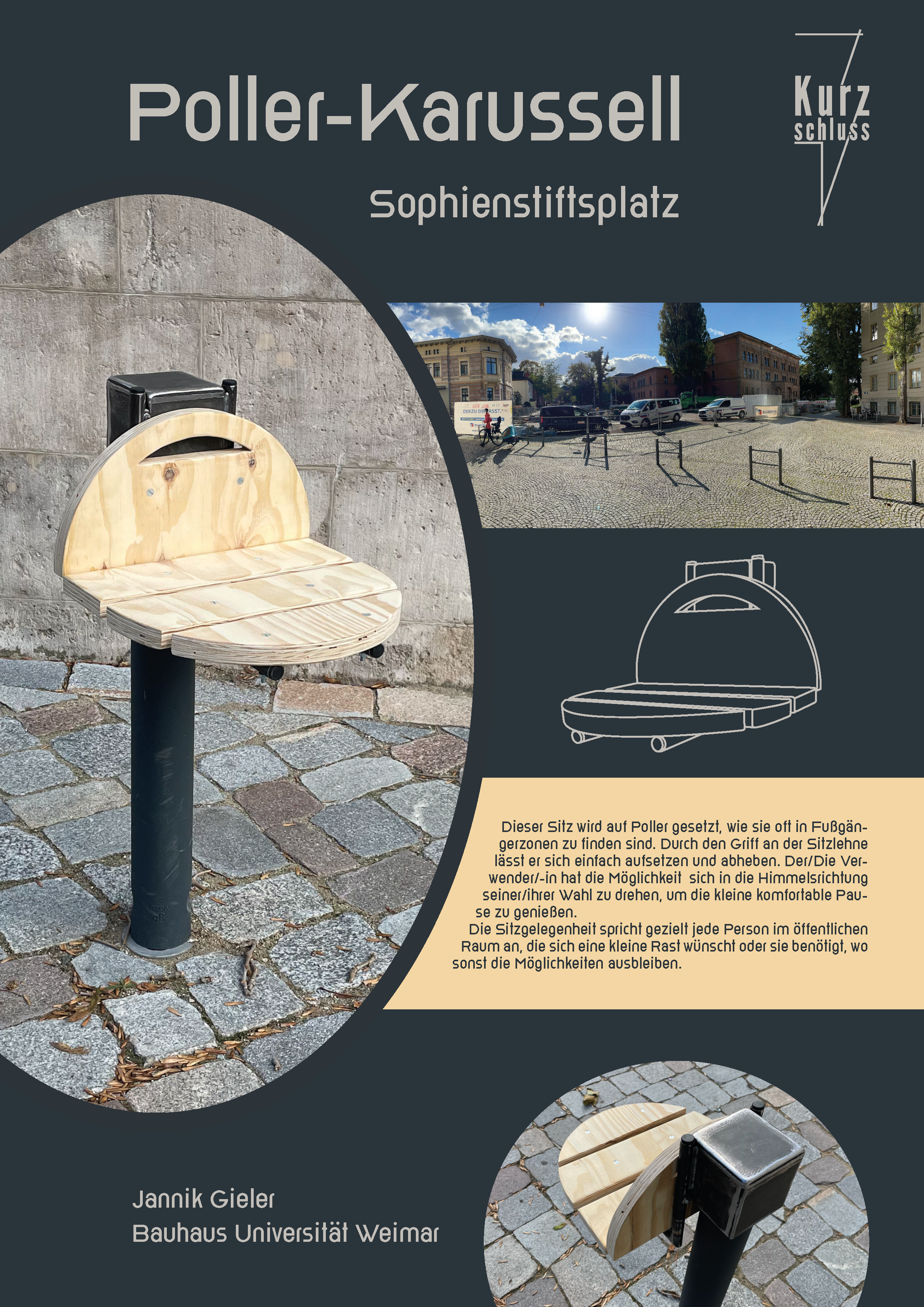 Jannik Gieler Sitzen Plakat mit Grafiken/Illustrationen und Beschreibungstext für eine Sitzgelegenheit an einem spezifischen Ort in Weimar