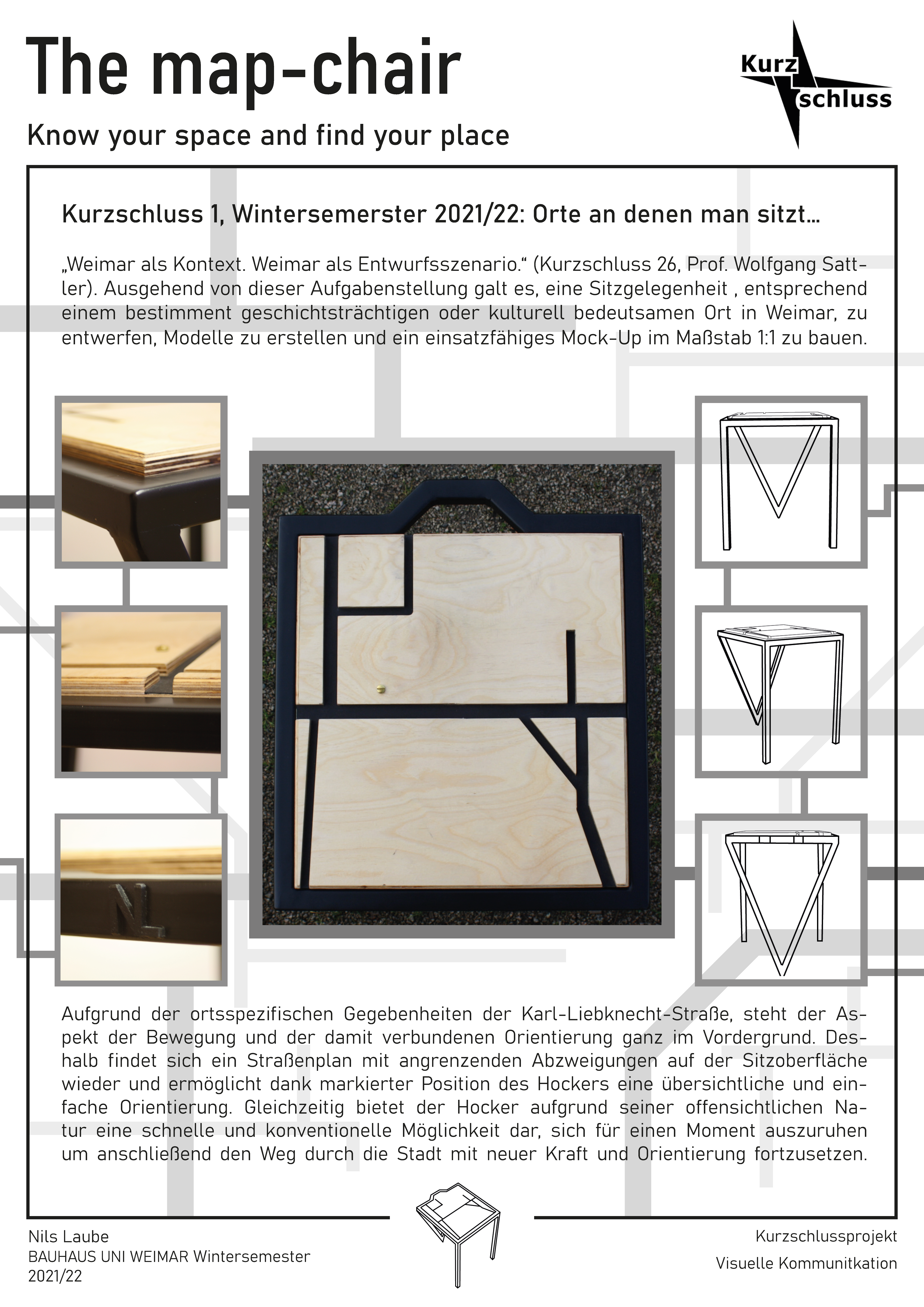 Plakat mit Grafiken/Illustrationen und Beschreibungstext für eine Sitzgelegenheit an einem spezifischen Ort in Weimar
