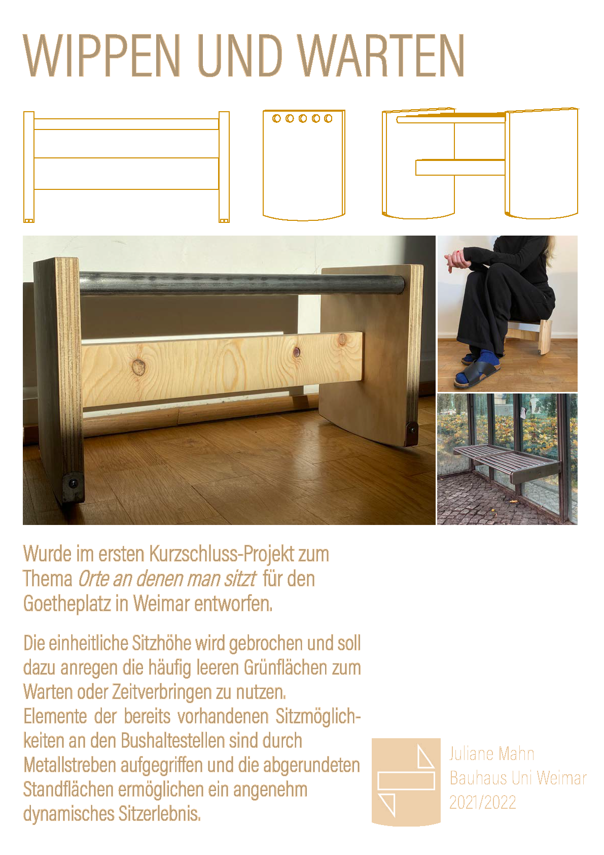 Plakat mit Grafiken/Illustrationen und Beschreibungstext für eine Sitzgelegenheit an einem spezifischen Ort in Weimar