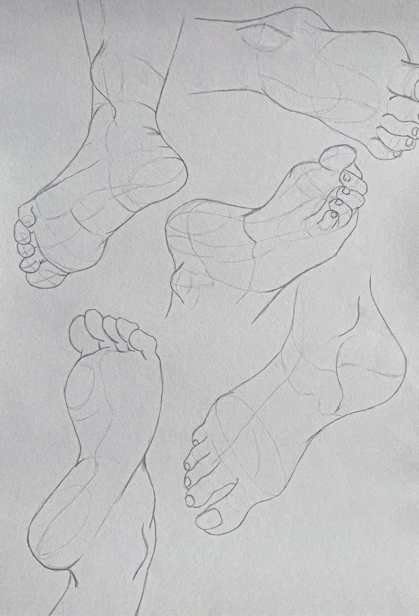 Zeichnungen von Füßen aus unterschiedlichen Blickwinkeln, Bleistift