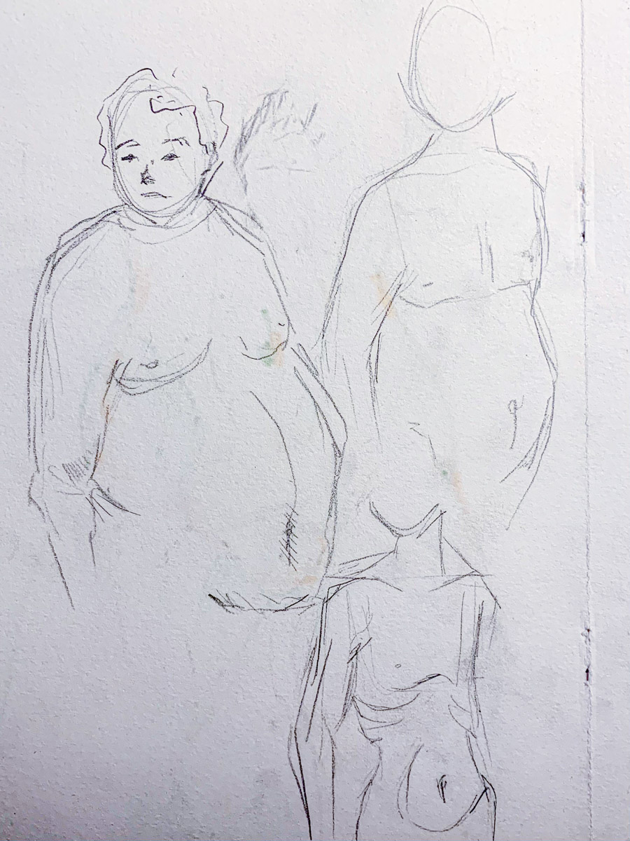 Zeichnungen von Personen mit unterschiedlichen Körpergewichten, Bleistift