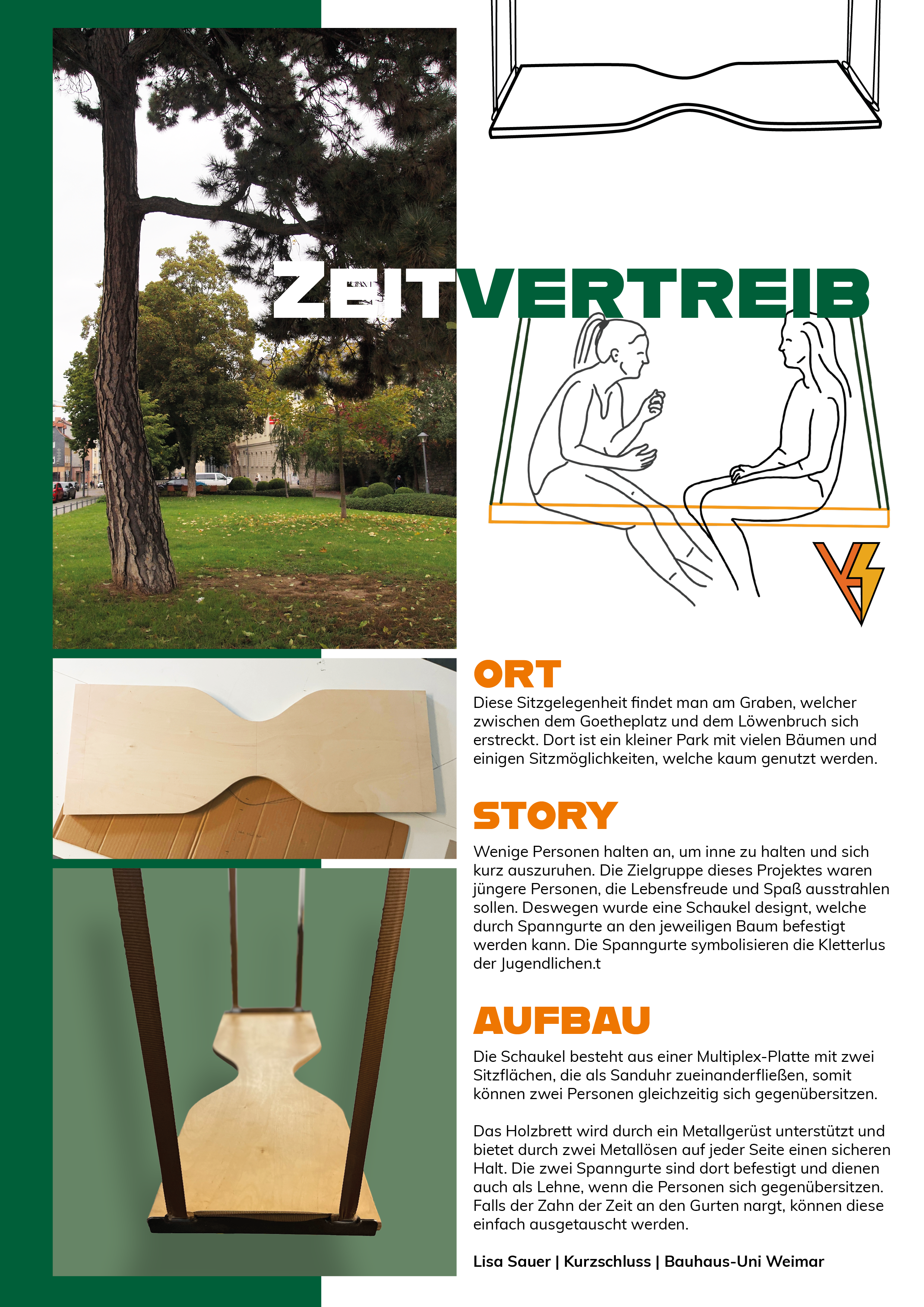 Sitzen Plakat Lisa Sauer Plakat mit Grafiken/Illustrationen und Beschreibungstext für eine Sitzgelegenheit an einem spezifischen Ort in Weimar