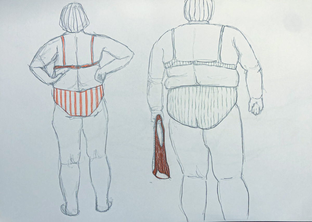 Zeichnung korpulenter Frau in Badebekleidung, Bleistift