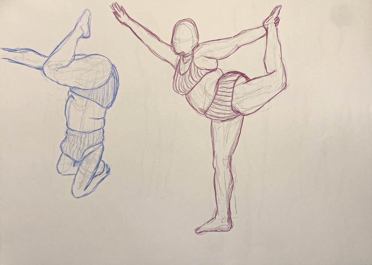 Zeichnungen korpulenter Frauen bei Gymnastikübungen, Buntstift