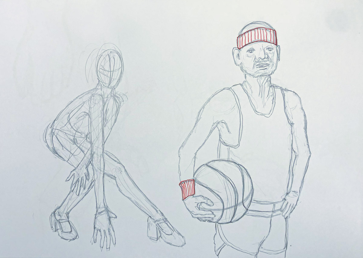 Zeichenstudie dynamischer Mensch neben älterer Sportler mit Basketball