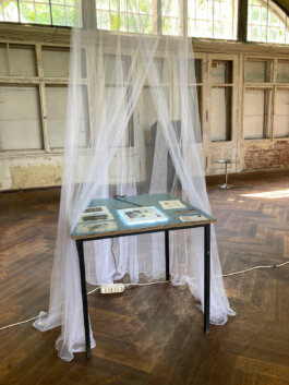 Ausstellung Altes Sanatorium Schwarzeck. Tisch mit Fotos SPECTRA Bauhaus Universität Weimar
