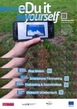 Kurs Plakat eDu it yourself, Person hält Handy in der Hand auf dem ein Video gezeigt wird SPECTRA Bauhaus Universität Weimar