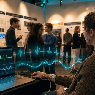 Echtzeit-Erfassung physiologischer Signale in einer Ausstellungssituation. / KI-generiert mit (ChatGPT / OpenAI), basierend auf einem Prompt des Autors.